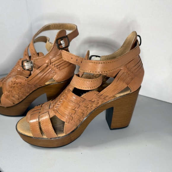 Macarena Woven Leather Platform Sandals Tan Block Heel Boho Festival Style Sz 8 - Picture 10 of 10